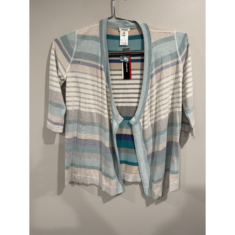 Tribal Jeans Cardigan Sweater Womens M White Blue Striped Reverse Fit Open Front